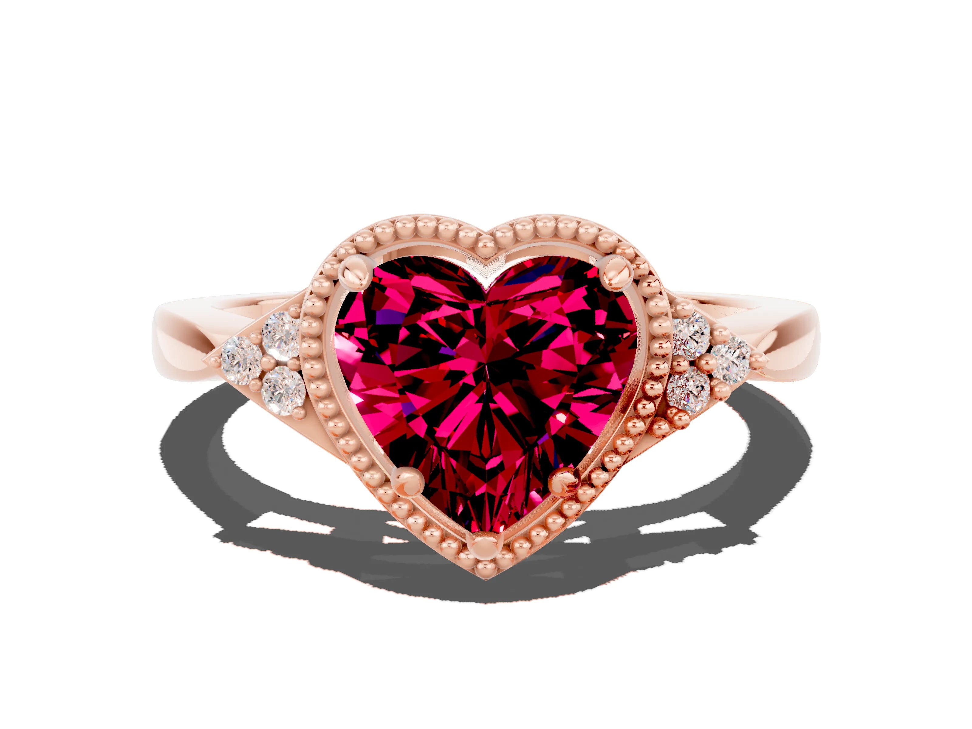 Rose gold Heart Cut Garnet Halo Ring with Tapered Band and Four-Prong Setting