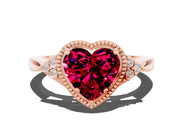 Rose gold Heart Cut Garnet Halo Ring with Tapered Band and Four-Prong Setting
