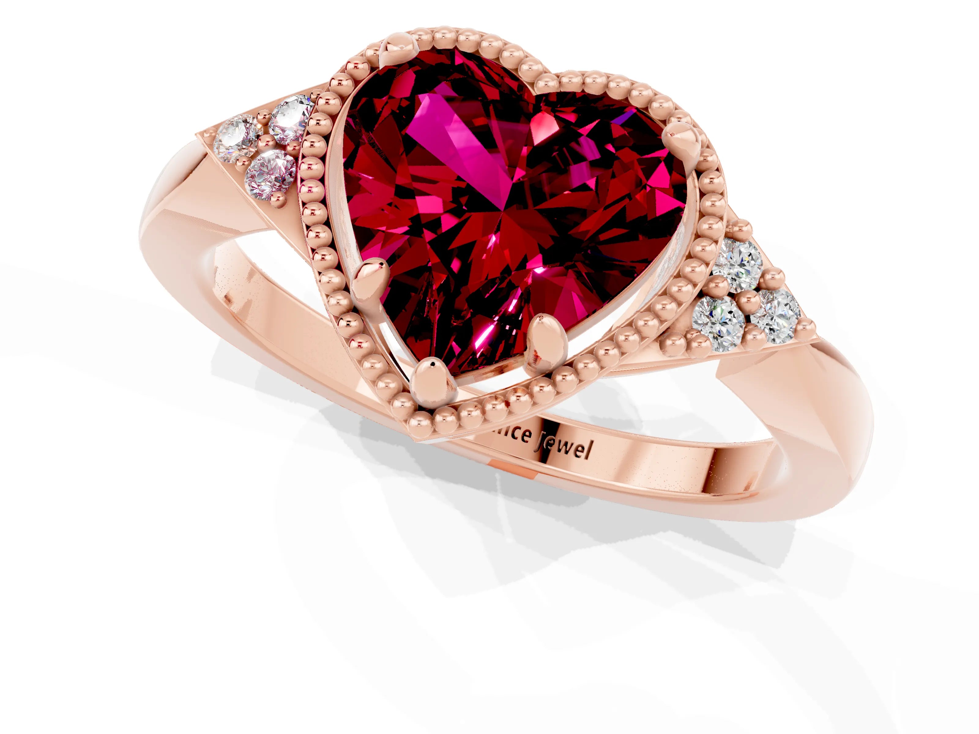 Rose gold Heart Cut Garnet Halo Ring with Tapered Band and Four-Prong Setting_1