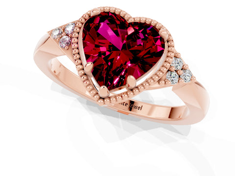 Rose gold Heart Cut Garnet Halo Ring with Tapered Band and Four-Prong Setting_1