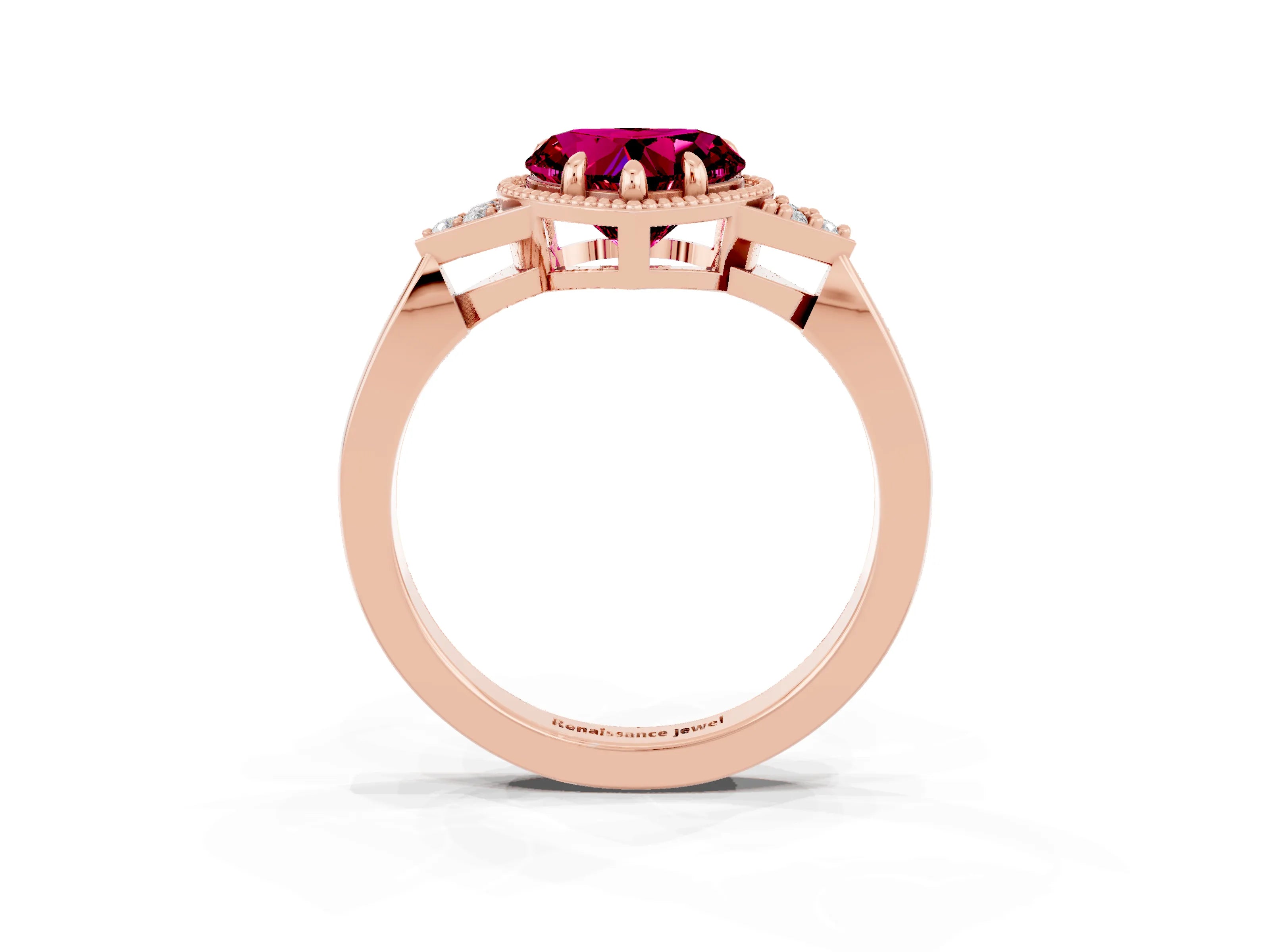 Rose gold Heart Cut Garnet Halo Ring with Tapered Band and Four-Prong Setting_3