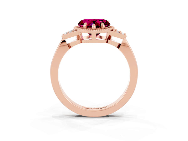 Rose gold Heart Cut Garnet Halo Ring with Tapered Band and Four-Prong Setting