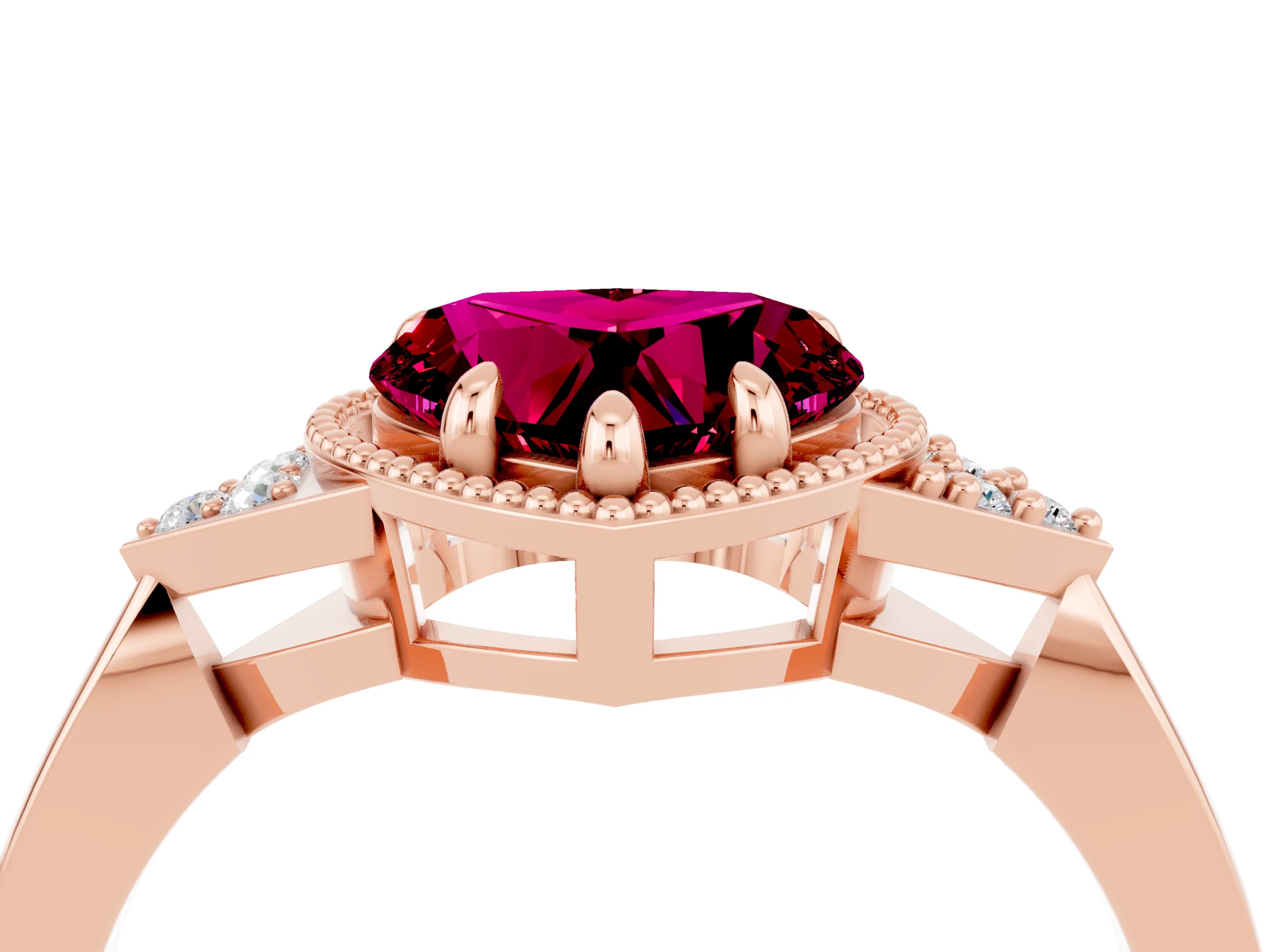 Rose gold Heart Cut Garnet Halo Ring with Tapered Band and Four-Prong Setting_4