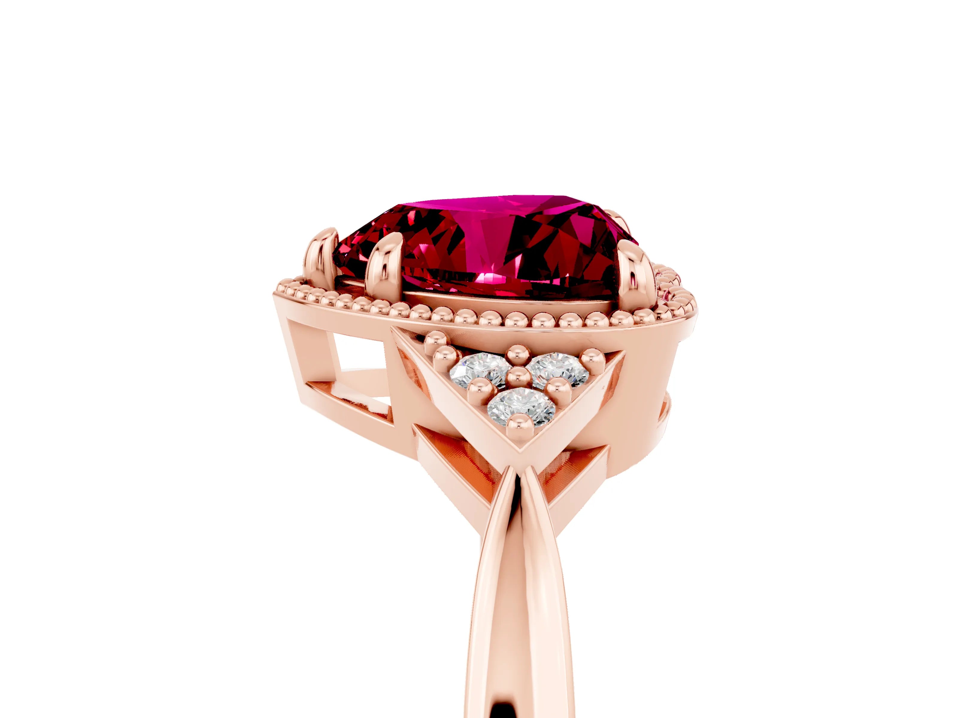 Rose gold Heart Cut Garnet Halo Ring with Tapered Band and Four-Prong Setting_5