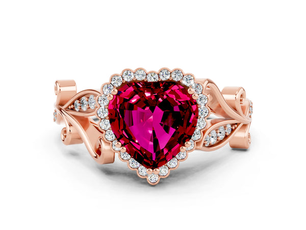 Rose gold Heart Cut Garnet Halo Ring with Vintage Split Shank and Four-Prong Setting