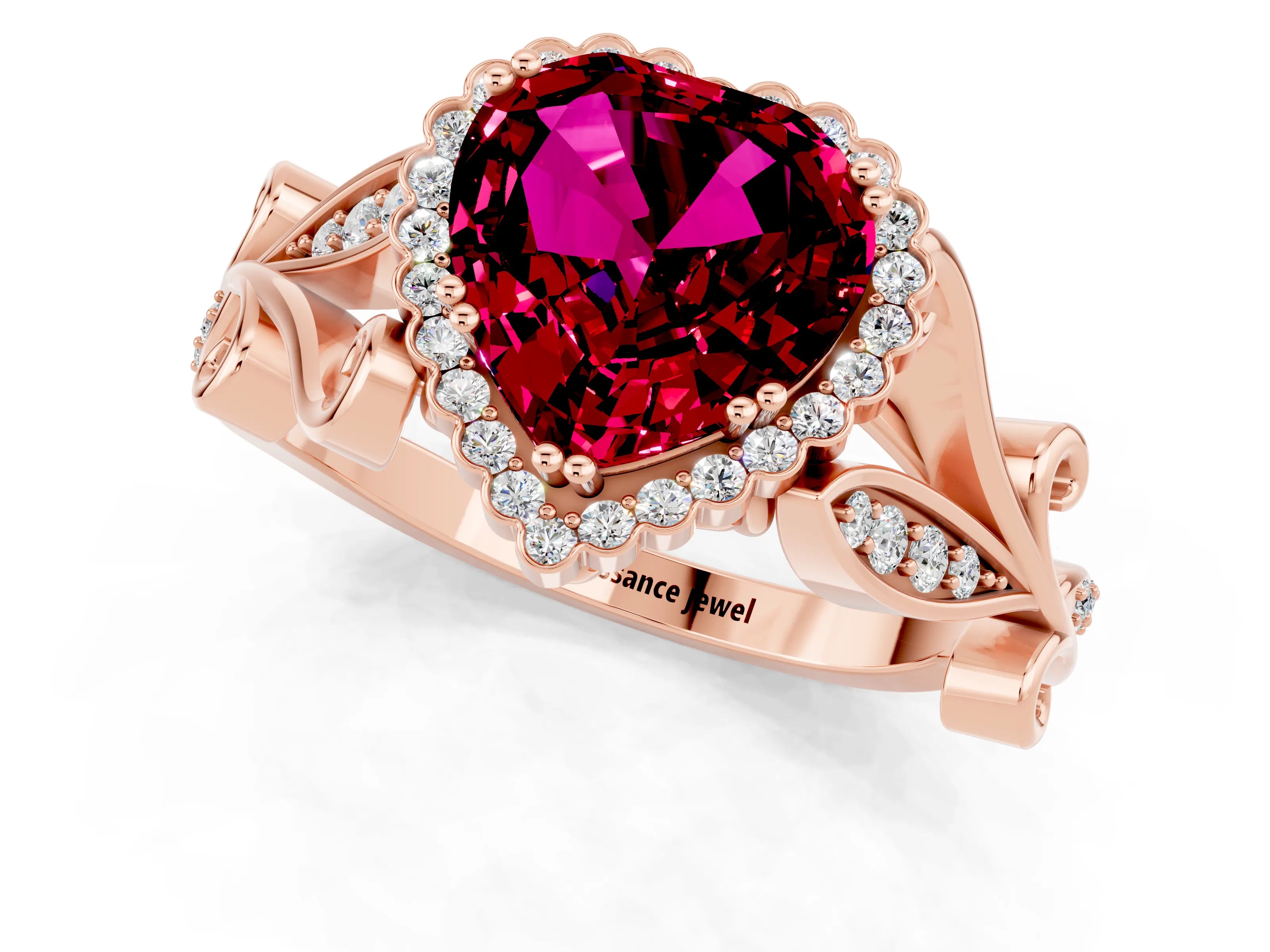 Rose gold Heart Cut Garnet Halo Ring with Vintage Split Shank and Four-Prong Setting_1