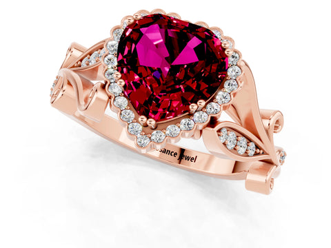 Rose gold Heart Cut Garnet Halo Ring with Vintage Split Shank and Four-Prong Setting_1
