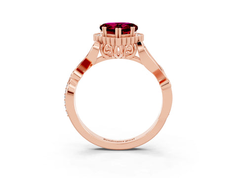 Rose gold Heart Cut Garnet Halo Ring with Vintage Split Shank and Four-Prong Setting_3