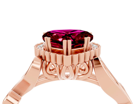 Rose gold Heart Cut Garnet Halo Ring with Vintage Split Shank and Four-Prong Setting_4