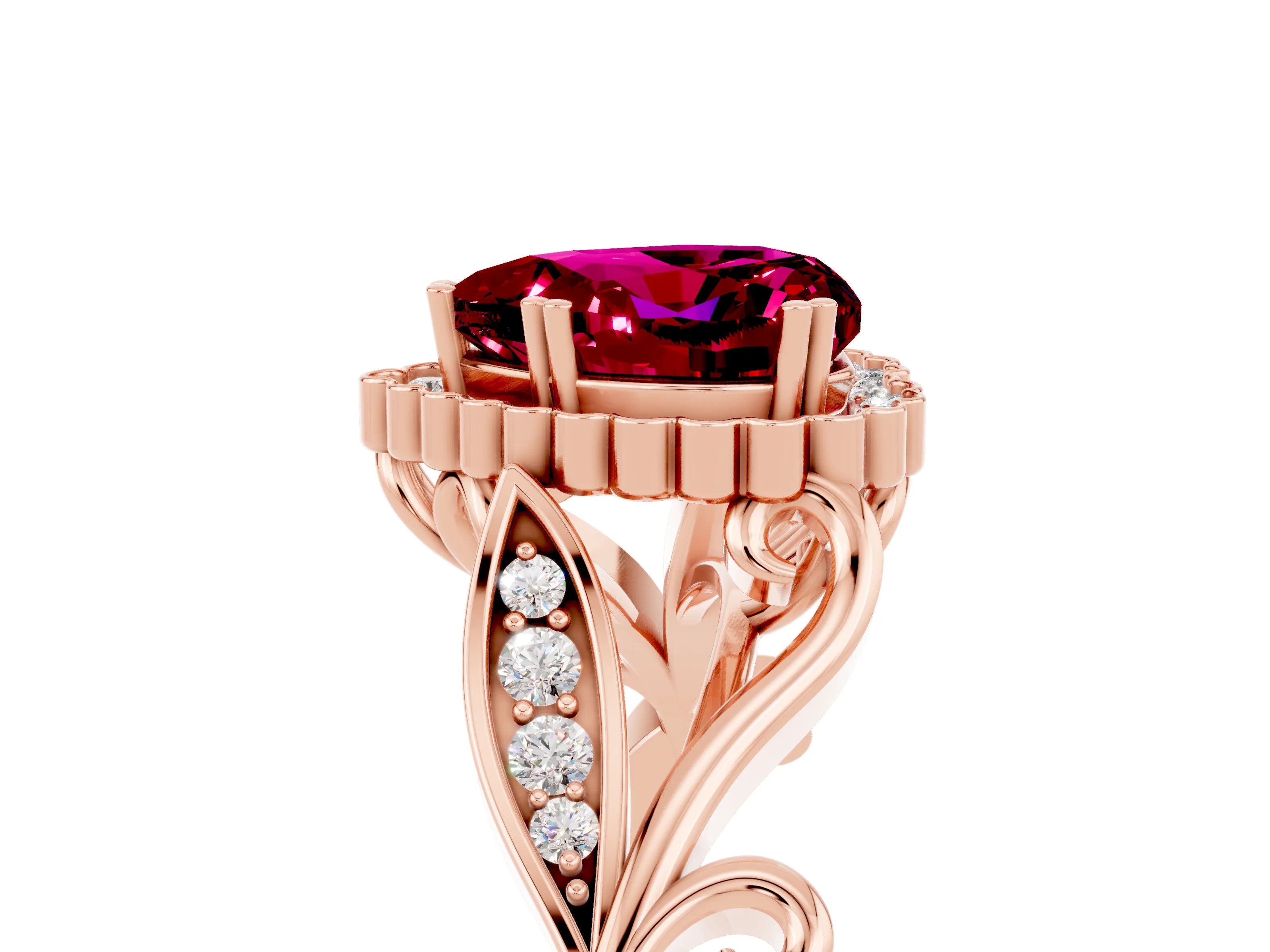 Rose gold Heart Cut Garnet Halo Ring with Vintage Split Shank and Four-Prong Setting_5