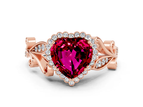 Rose gold Heart Cut Garnet Halo Ring with Vintage Split Shank and Four-Prong Setting