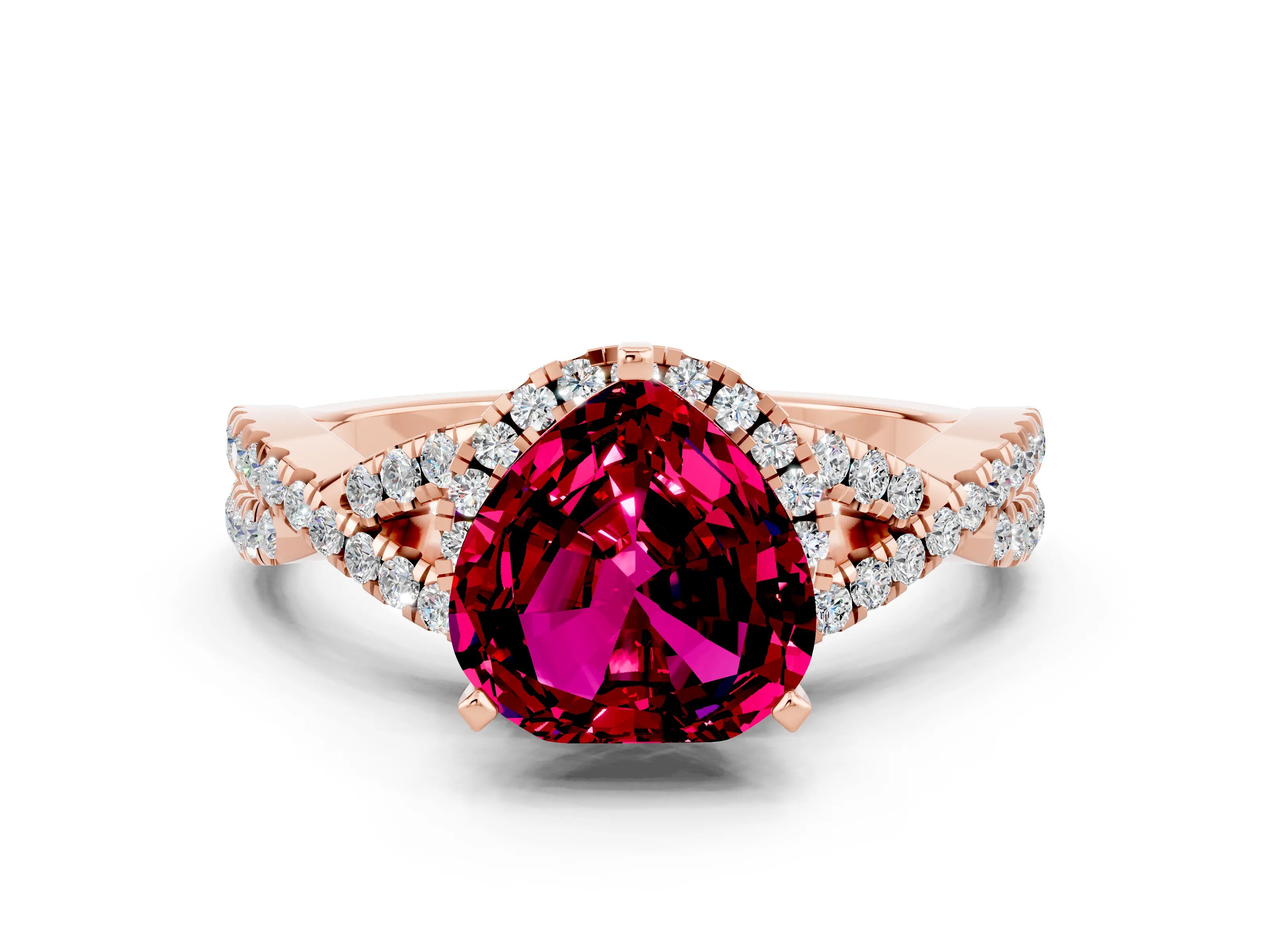 Rose gold Heart Cut Garnet Halo Twist Band Solitaire Prong Setting Ring