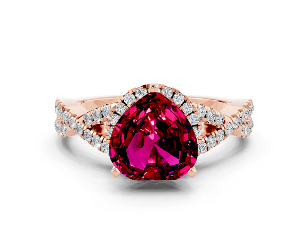 Rose gold Heart Cut Garnet  Halo Twist Band Solitaire Prong Setting Ring