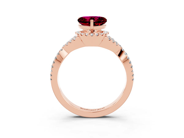 Rose gold Heart Cut Garnet  Halo Twist Band Solitaire Prong Setting Ring