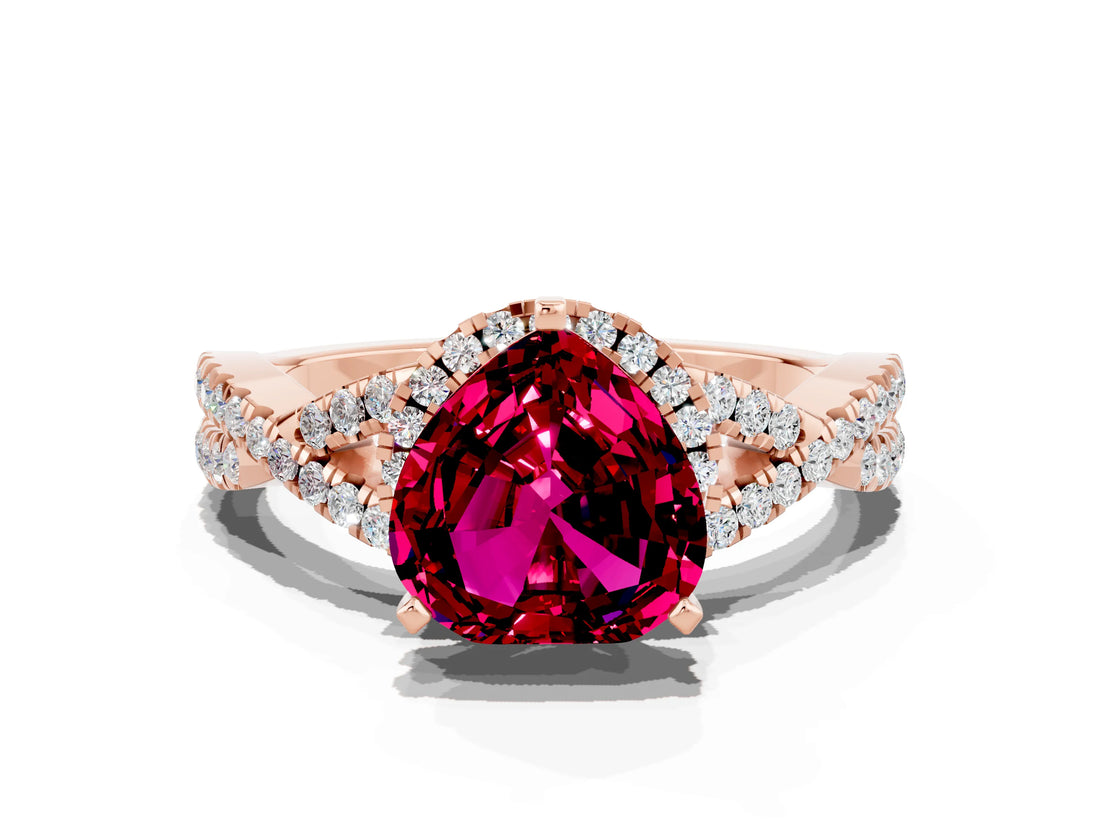 Rose gold Heart Cut Garnet  Halo Twist Band Solitaire Prong Setting Ring_36