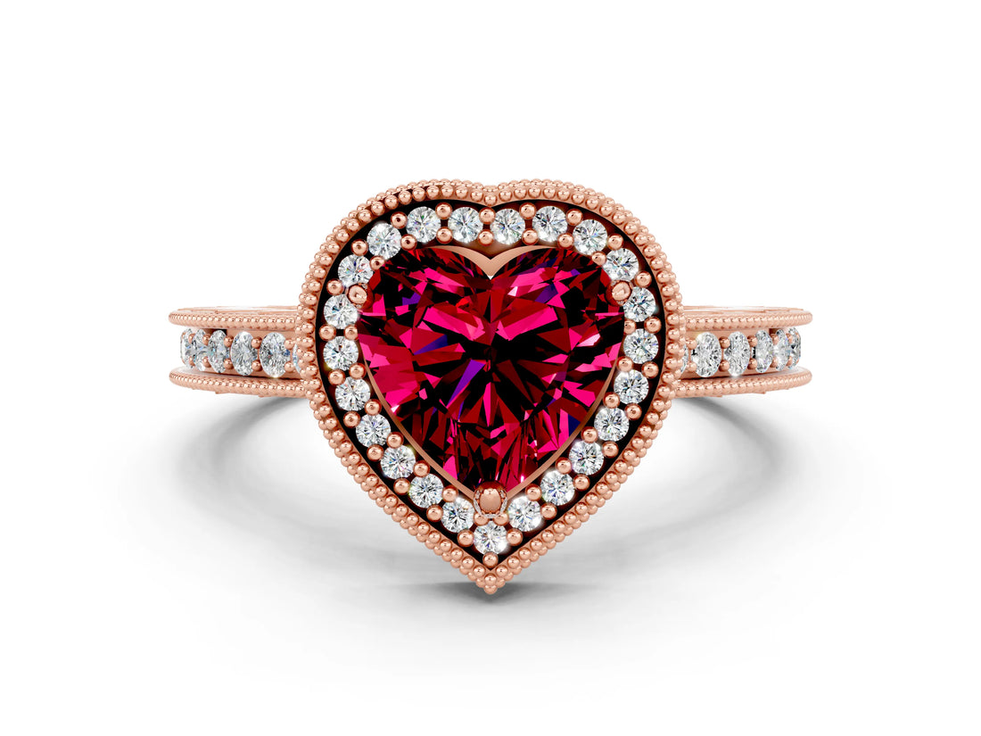 Rose gold Heart Cut Garnet Milgrain Halo Engagement Ring with Round Pavé Band and Prong Setting_12