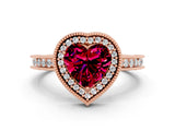 Rose gold Heart Cut Garnet Milgrain Halo Engagement Ring with Round Pavé Band and Prong Setting_12
