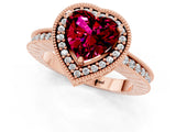Rose gold Heart Cut Garnet Milgrain Halo Engagement Ring with Round Pavé Band and Prong Setting_13