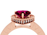 Rose gold Heart Cut Garnet Milgrain Halo Engagement Ring with Round Pavé Band and Prong Setting_16