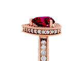 Rose gold Heart Cut Garnet Milgrain Halo Engagement Ring with Round Pavé Band and Prong Setting_17