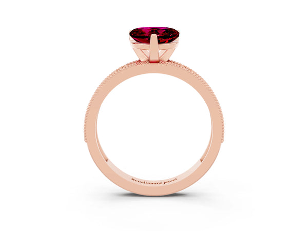 Rose gold Heart Cut Garnet Milgrain Pavé Engagement Ring with Four-Prong Setting
