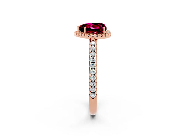 Rose gold Heart Cut Garnet Pavé Halo Ring with Four-Prong Setting