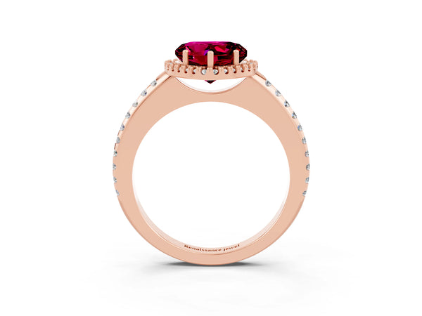 Rose gold Heart Cut Garnet Pavé Halo Ring with Four-Prong Setting