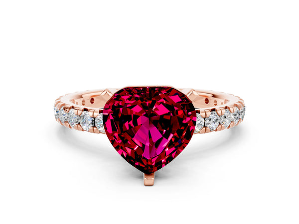 Rose gold Heart Cut Garnet Pavé Solitaire Ring with Round Band and Prong Setting