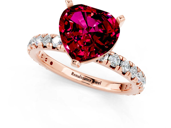 Rose gold Heart Cut Garnet Pavé Solitaire Ring with Round Band and Prong Setting