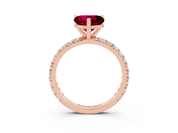 Rose gold Heart Cut Garnet Pavé Solitaire Ring with Round Band and Prong Setting