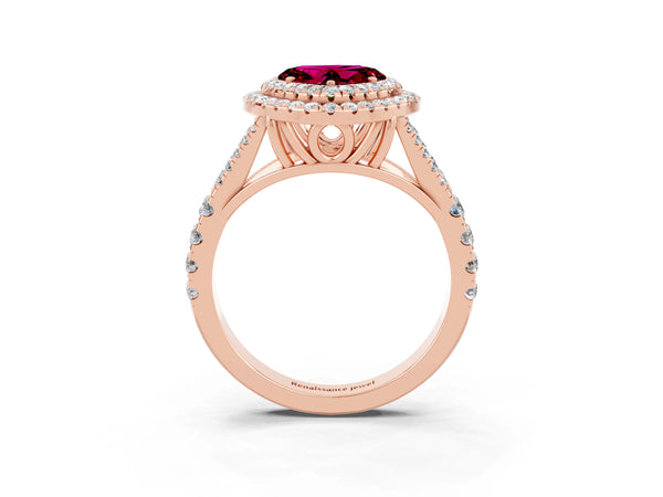Rose gold Heart Cut Garnet Pavé Split Shank Double Halo Engagement Ring
