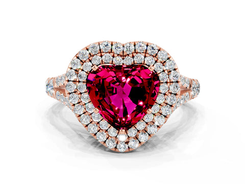 Rose gold Heart Cut Garnet Pavé Split Shank Double Halo Engagement Ring