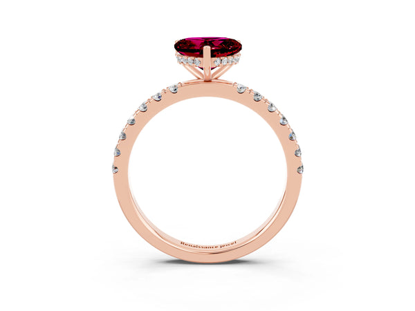 Rose gold Heart Cut Garnet Pave Band Solitaire Ring with Round  and Prong Setting