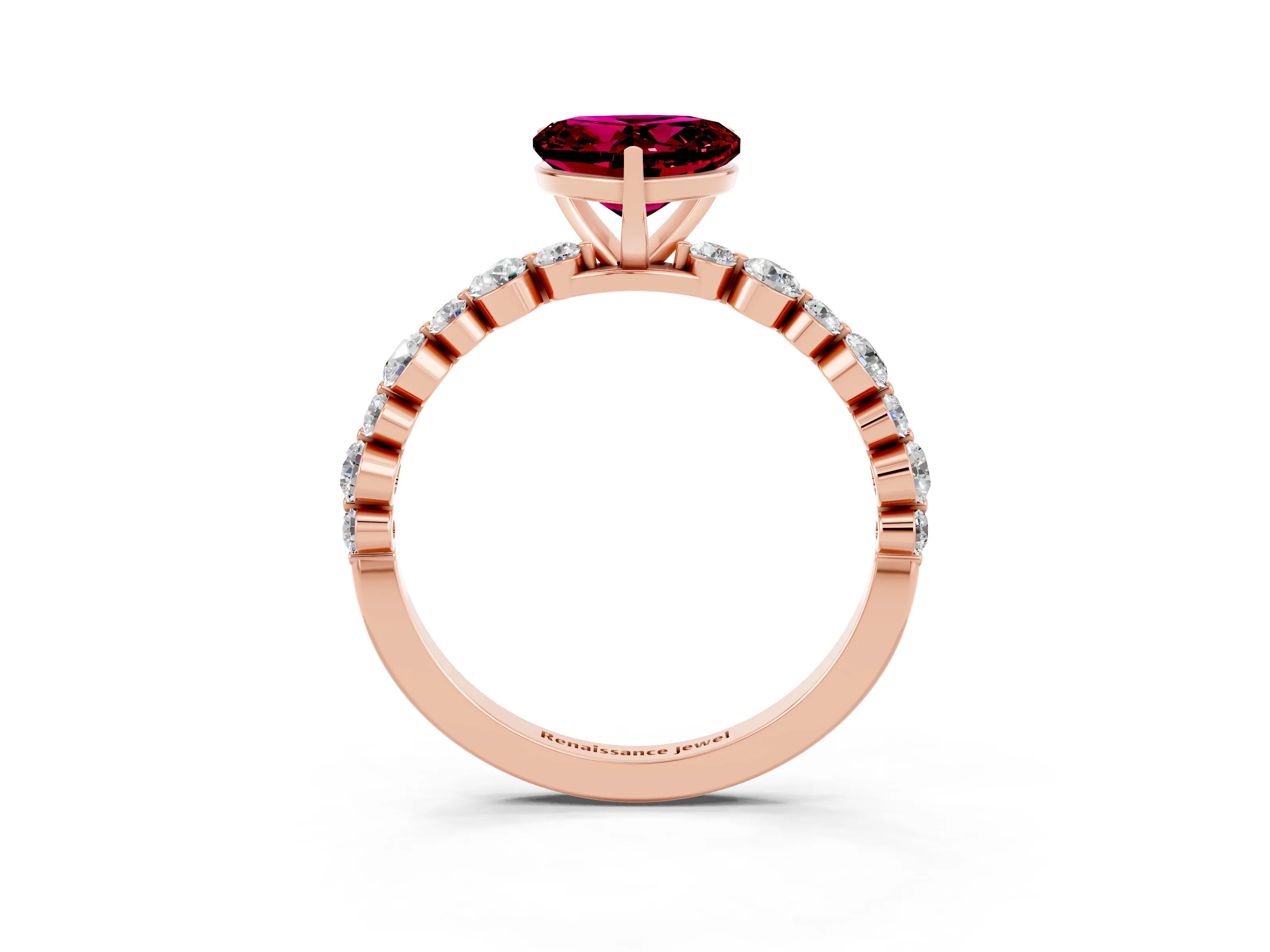 Rose gold Heart Cut Garnet Prong Set Engagement Ring with Pavé Band_3