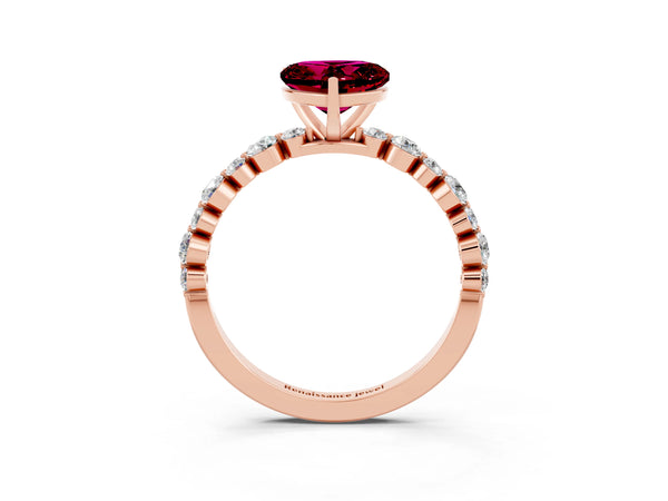 Rose gold Heart Cut Garnet Prong Set Engagement Ring with Pavé Band