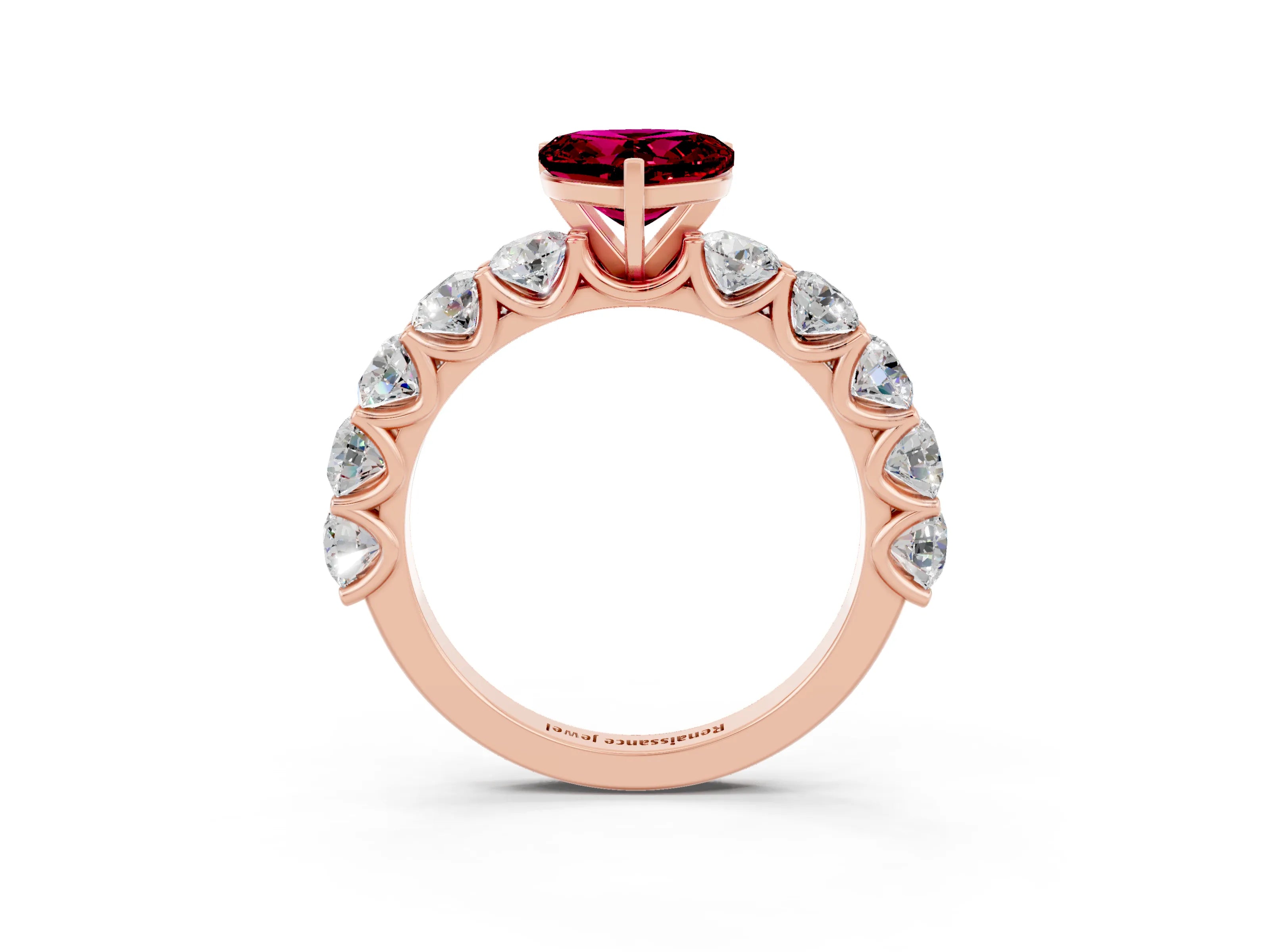 Rose gold Heart Cut Garnet Prong Setting with Side Stones on a Pave Band_3