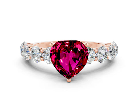 Rose gold Heart Cut Garnet Prong Setting with Side Stones on a Pave Band