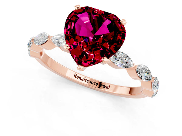 Rose gold Heart Cut Garnet Ring with Marquise Side Stones and Prong Setting
