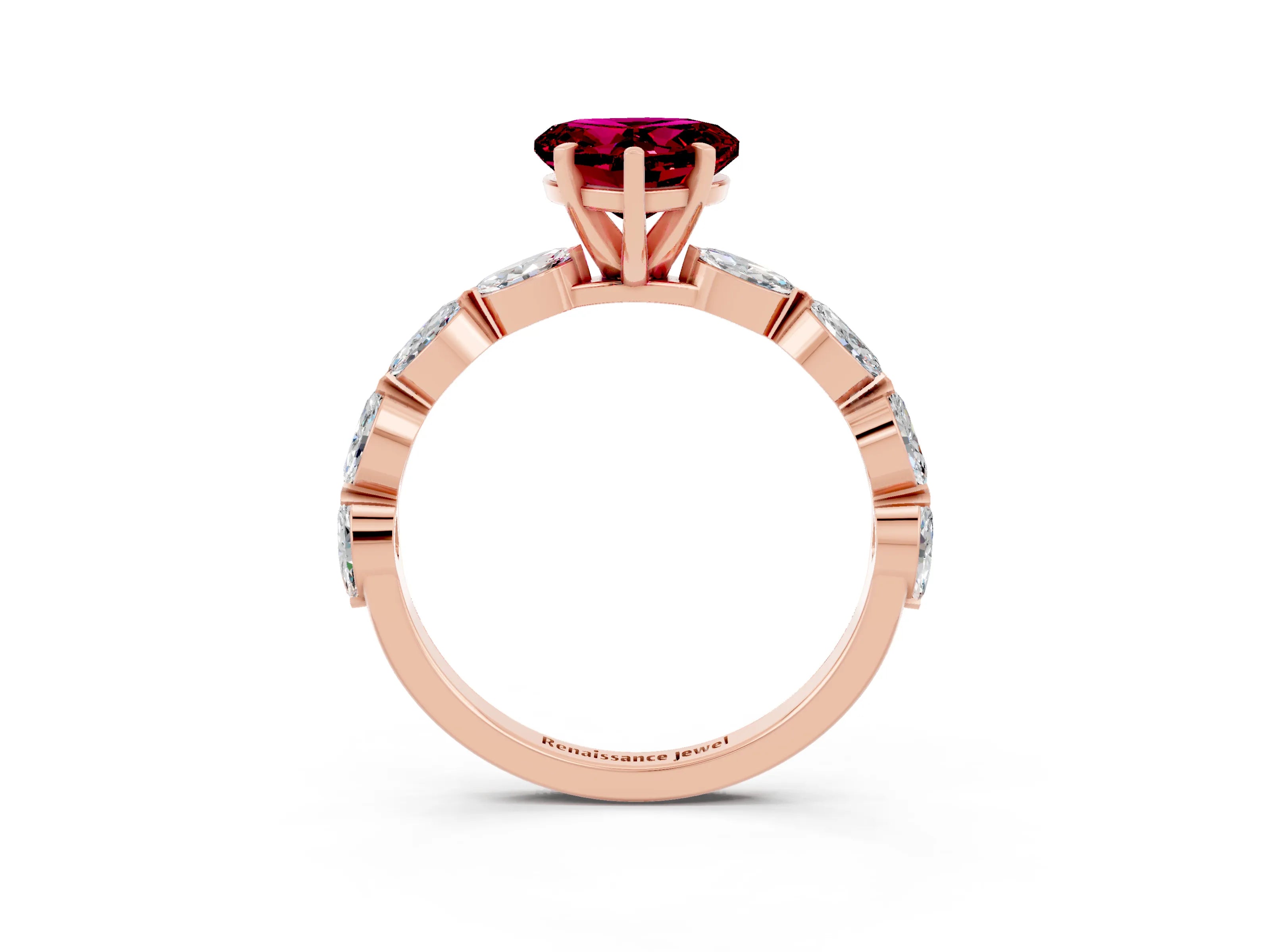 Rose gold Heart Cut Garnet Ring with Marquise Side Stones and Prong Setting_3