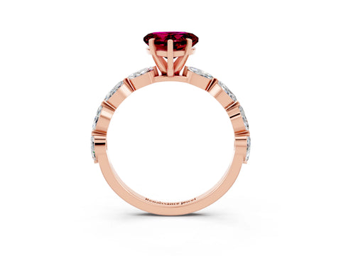 Rose gold Heart Cut Garnet Ring with Marquise Side Stones and Prong Setting_3