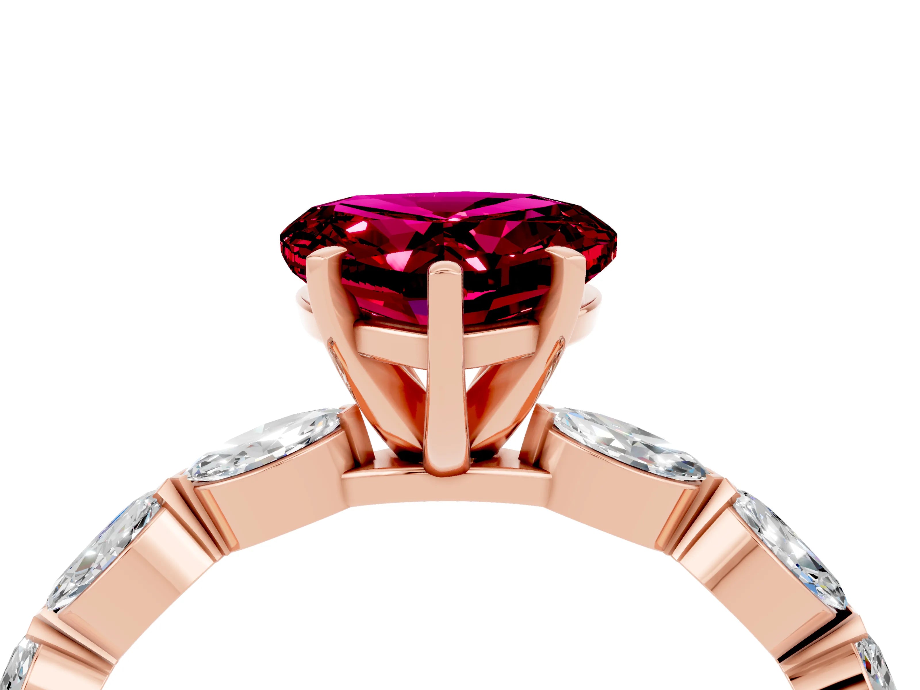 Rose gold Heart Cut Garnet Ring with Marquise Side Stones and Prong Setting_4