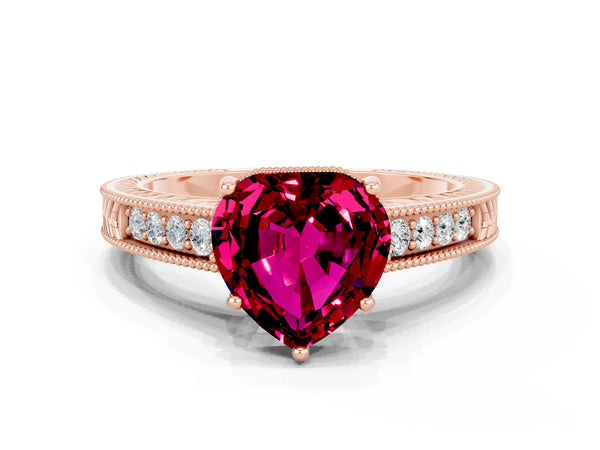Rose gold Heart Cut Garnet Ring with Milgrain Pavé Band and Four-Prong Setting