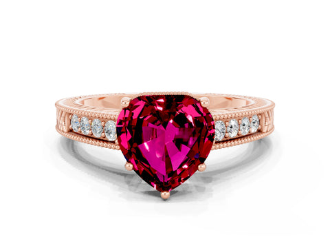 Rose gold Heart Cut Garnet Ring with Milgrain Pavé Band and Four-Prong Setting_12
