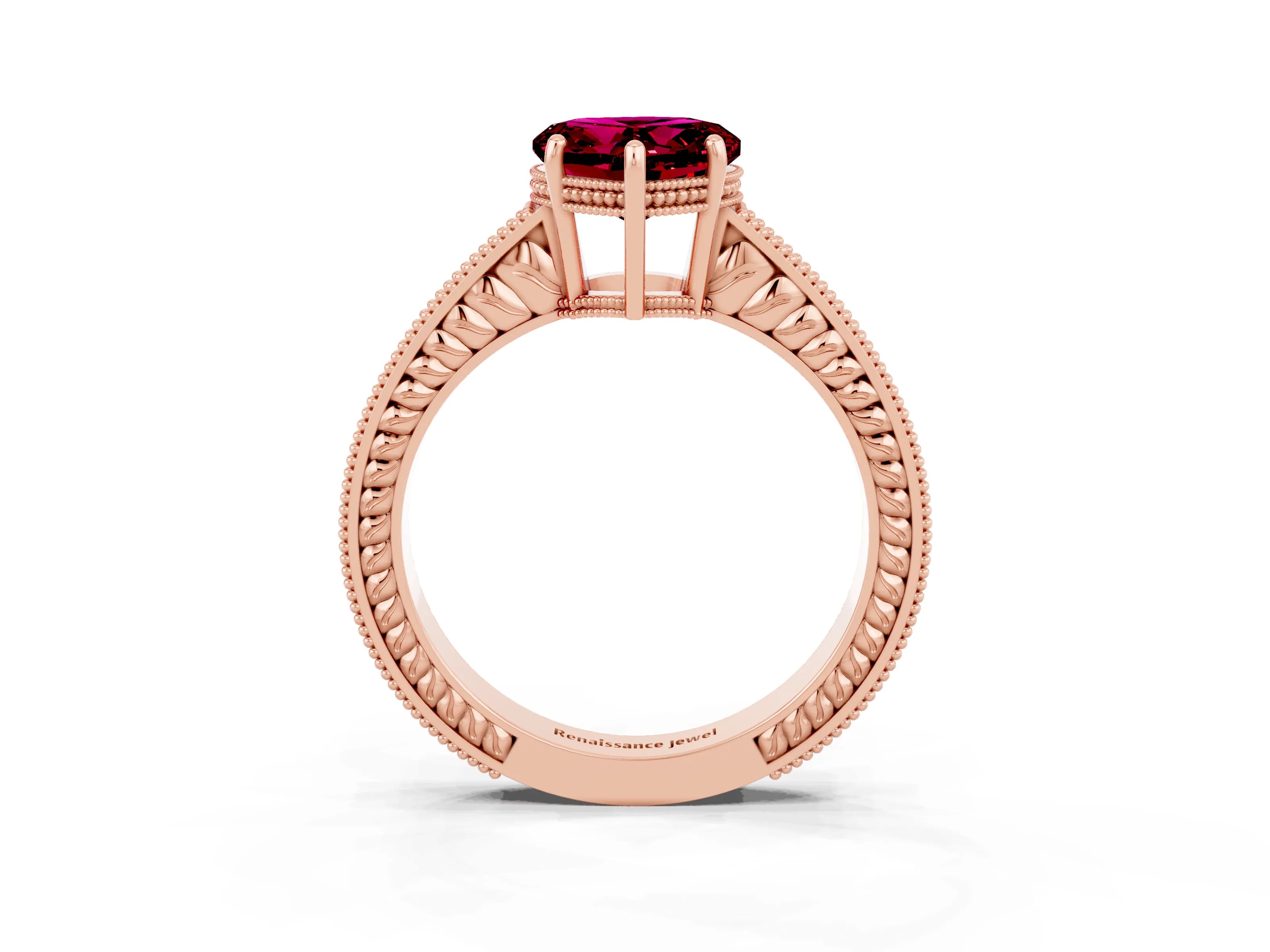 Rose gold Heart Cut Garnet Ring with Milgrain Pavé Band and Four-Prong Setting_15