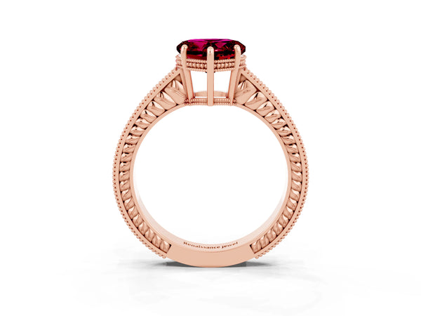 Rose gold Heart Cut Garnet Ring with Milgrain Pavé Band and Four-Prong Setting