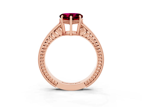 Rose gold Heart Cut Garnet Ring with Milgrain Pavé Band and Four-Prong Setting_15