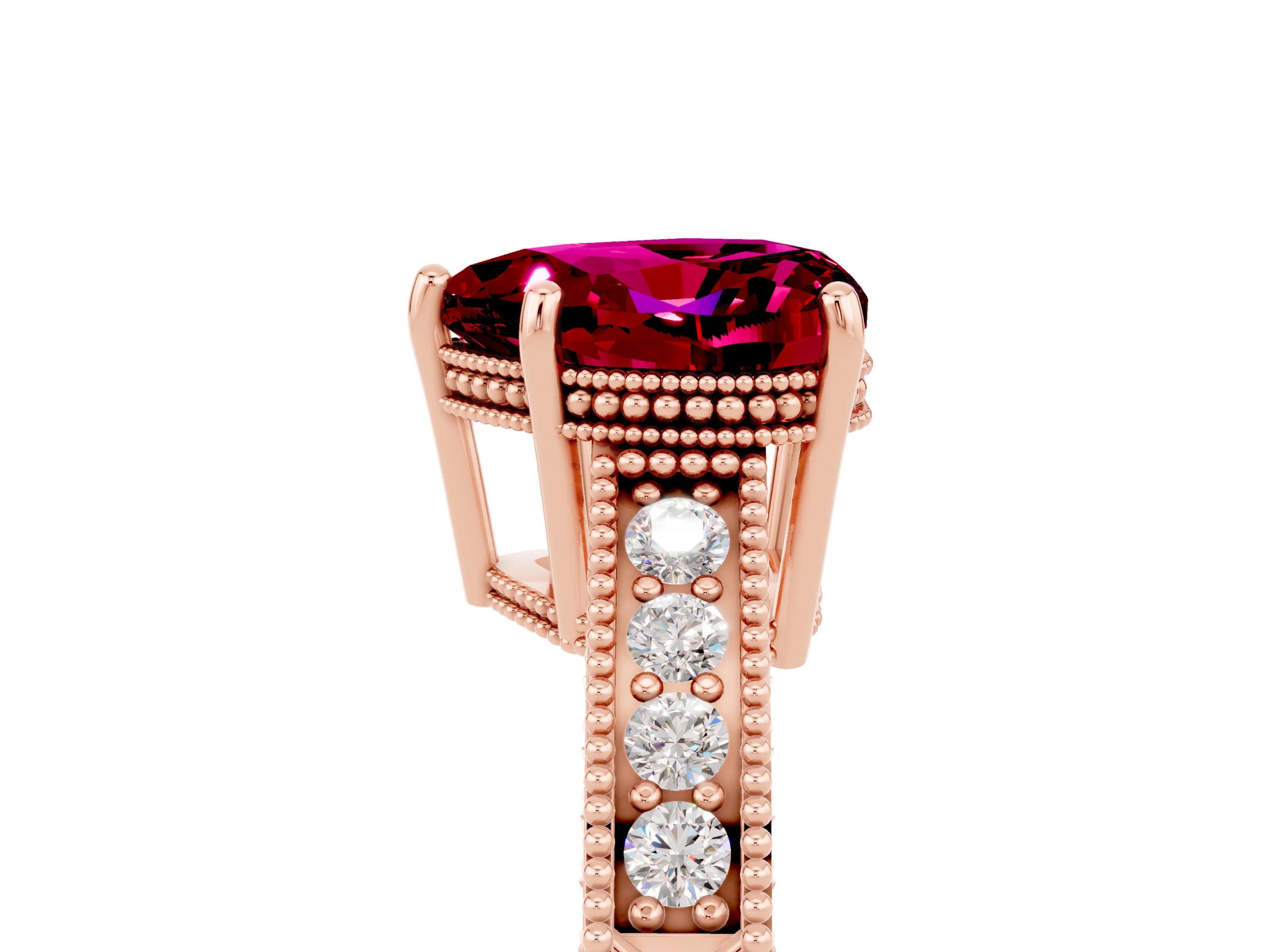 Rose gold Heart Cut Garnet Ring with Milgrain Pavé Band and Four-Prong Setting_17