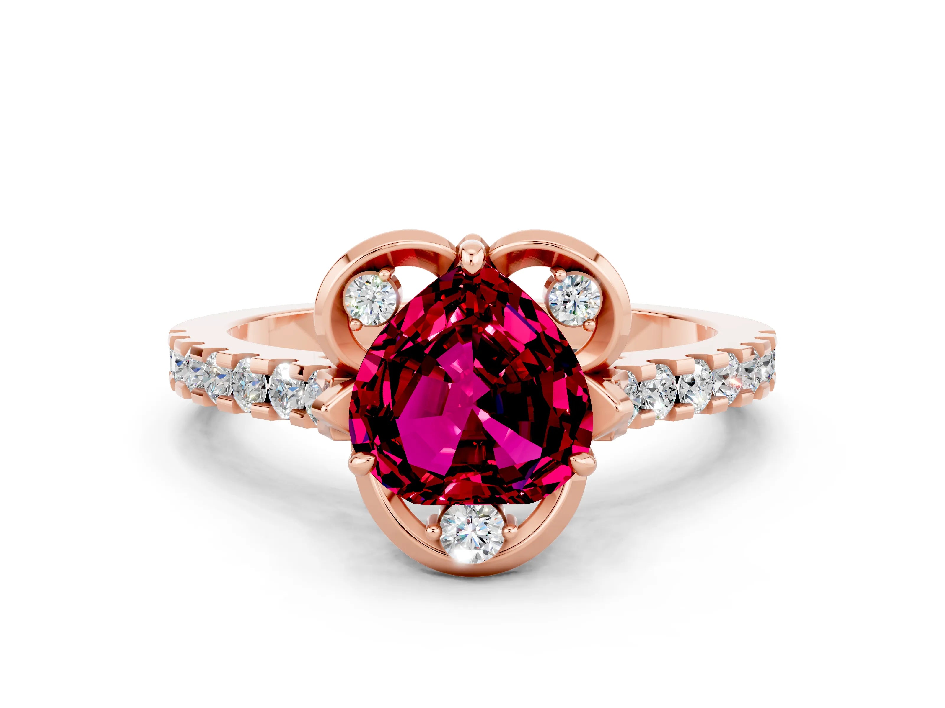 Rose gold Heart Cut Garnet Ring with Pavé Band and Floral Prong Setting