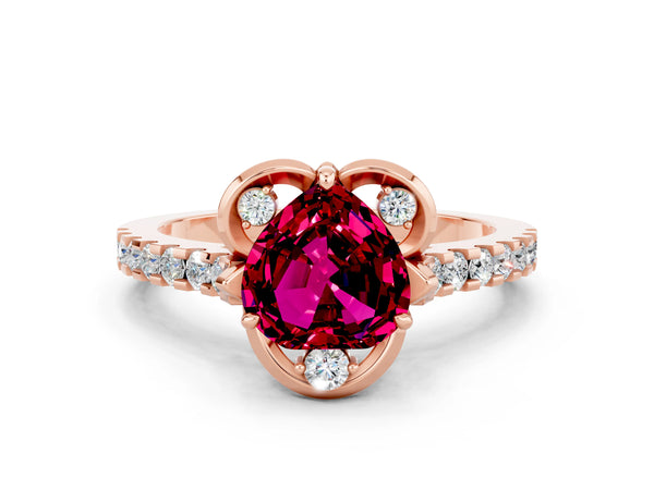 Rose gold Heart Cut Garnet Ring with Pavé Band and Floral Prong Setting
