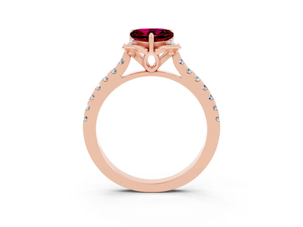 Rose gold Heart Cut Garnet Ring with Pavé Band and Floral Prong Setting